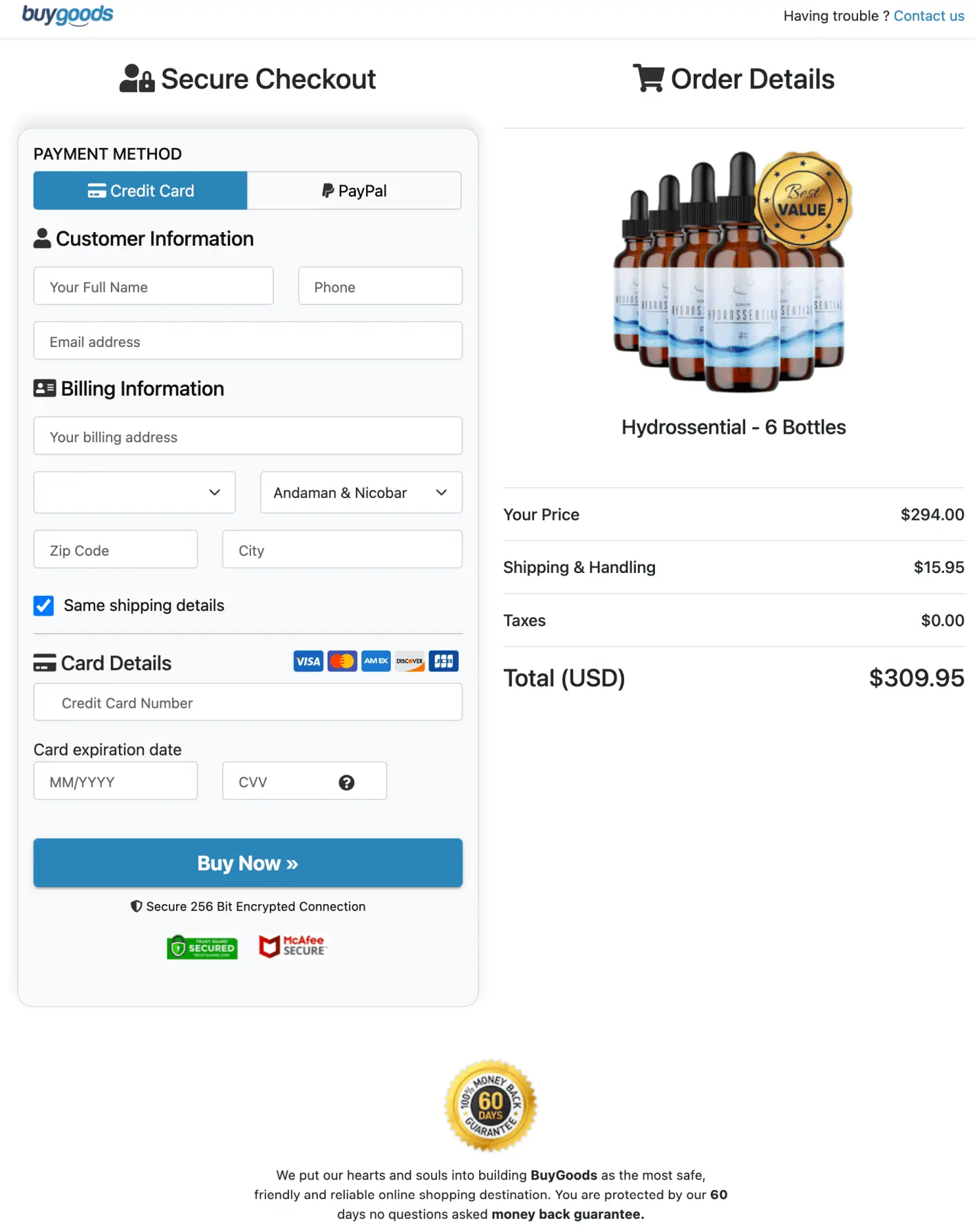 Hydrossential checkout page